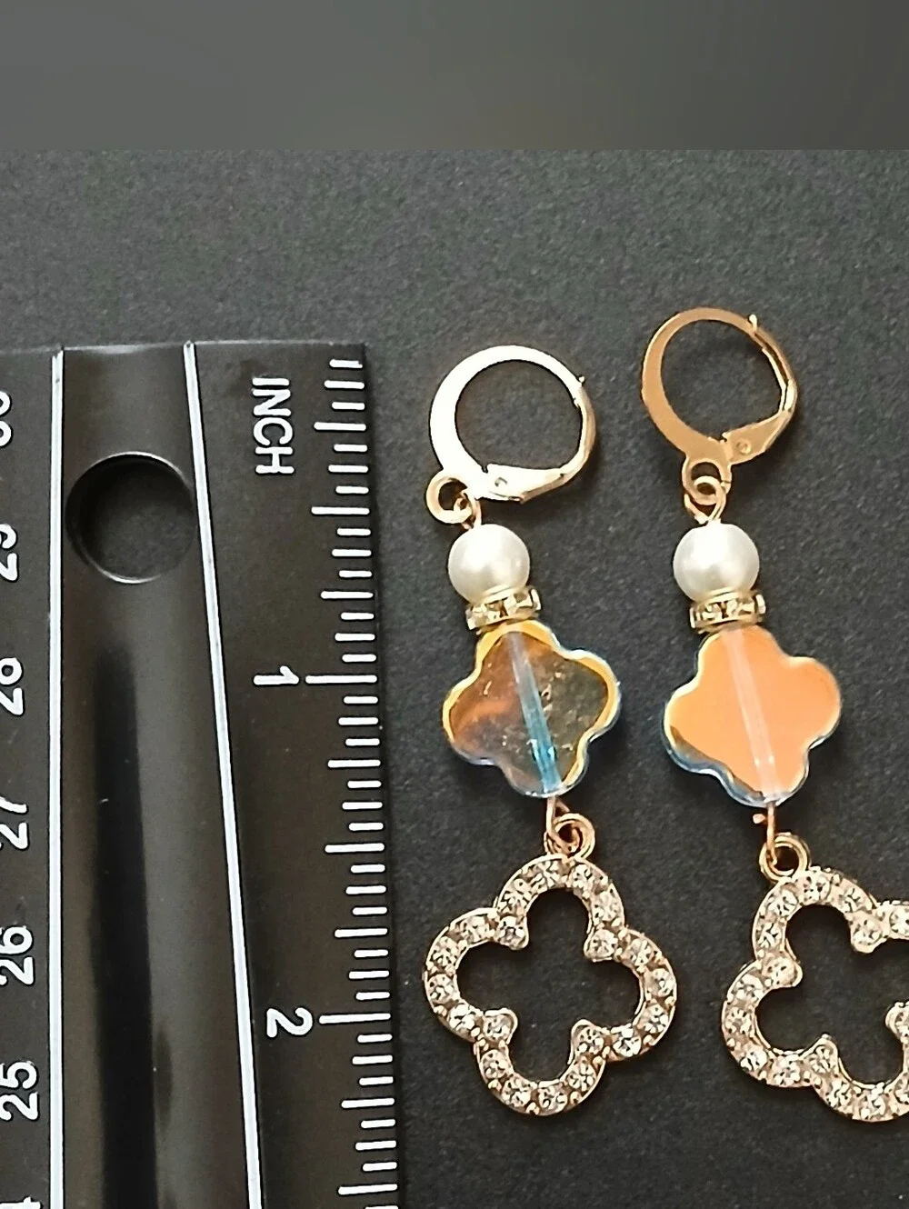NWT Iridescent Clover Drop Earrings Gold Tone Rhinestone Pearl Leverback Earring